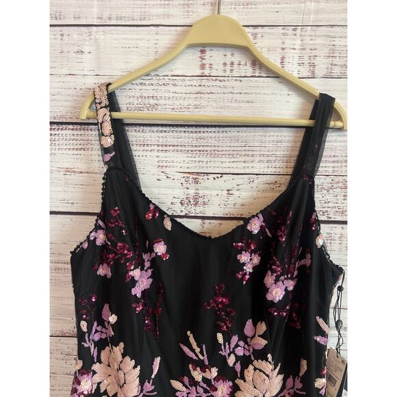 Adrianna Papell Womens Floral Sequined Cocktail Dress Black Pink Size 16W NWT - Picture 4 of 15